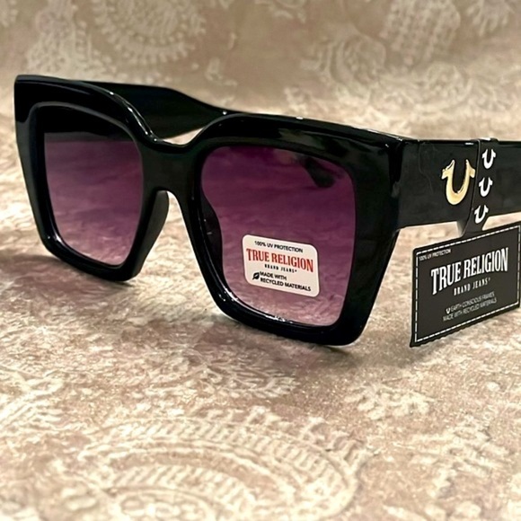 Brand New True Religion Chunky Shiny Black Square Frame Sunglasses Purple Lens - Picture 15 of 15